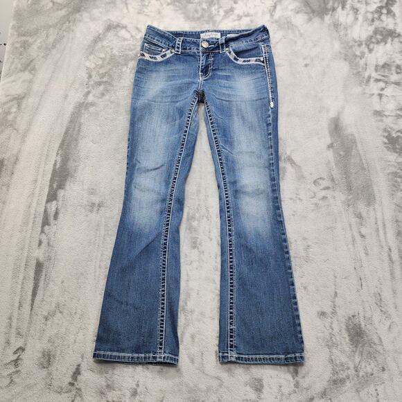 Buckle Daytrip Jeans Womens 27R Blue Virgo Bootcut Low Rise Rhinestones Stretch - Picture 1 of 16